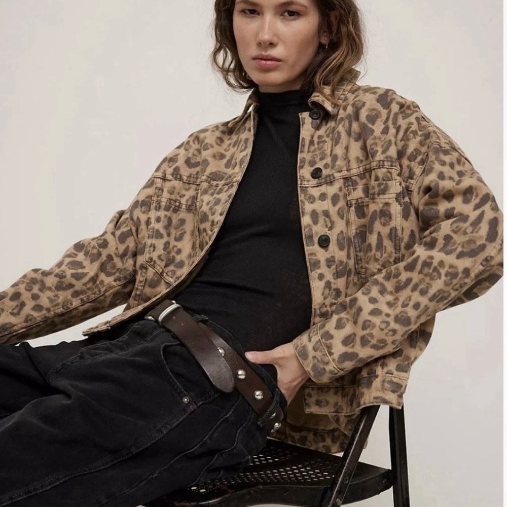 Free People Leopard Print Jean Jacket in Tan and Brown